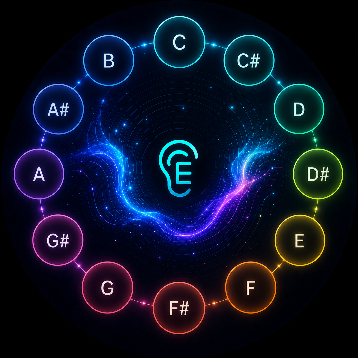 The Earmeister chromatic wheel — all twelve notes glowing in neon colours